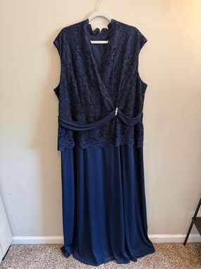 New - Onyx Navy Lace Drape-Detail Evening Gown - Size 24W